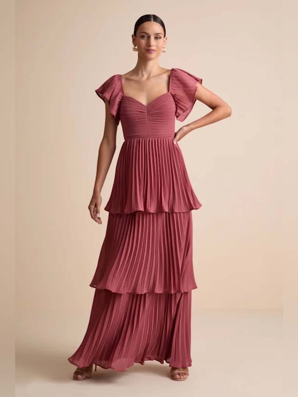 NWT Lulu’s Notorious Charm Rusty Rose Pleated Flutter Sleeve Maxi Dress
